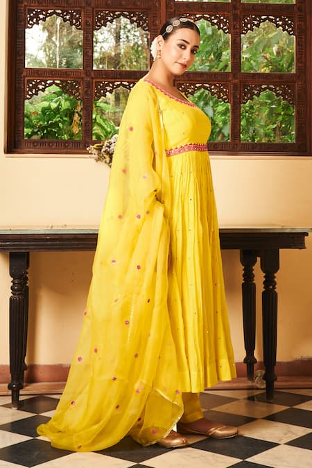 Shop Almaari By Pooja Patel Yellow Chanderi, Organza, Silk Mirrors, Mogra Embroidered Anarkali Pant Set at Aza Fashions Shop_Almaari By Pooja Patel_Yellow Chanderi, Organza, Silk Mirrors, Mogra Embroidered Anarkali Pant Set _at_Aza_Fashions