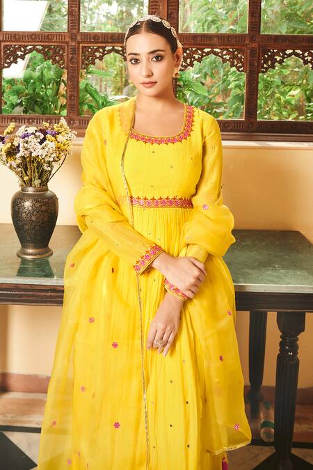 Almaari By Pooja Patel Yellow Chanderi, Organza, Silk Mirrors, Mogra Embroidered Anarkali Pant Set Online at Aza Fashions Almaari By Pooja Patel_Yellow Chanderi, Organza, Silk Mirrors, Mogra Embroidered Anarkali Pant Set _Online_at_Aza_Fashions