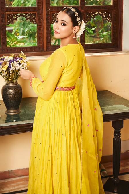 Buy Almaari By Pooja Patel Yellow Chanderi, Organza, Silk Mirrors, Mogra Embroidered Anarkali Pant Set Online at Aza Fashions Buy_Almaari By Pooja Patel_Yellow Chanderi, Organza, Silk Mirrors, Mogra Embroidered Anarkali Pant Set _Online_at_Aza_Fashions