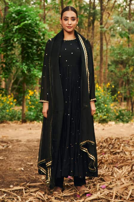 Almaari by Pooja Patel Black Anarkali Soft Chanderi Embroidered Mirror Round Gulkhaira Set 