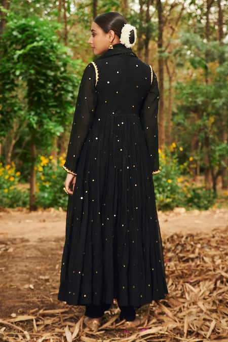 Shop Almaari By Pooja Patel Black Chanderi, Organza, Silk Mirrors, Gulkhaira Embroidered Anarkali Set at Aza Fashions Shop_Almaari By Pooja Patel_Black Chanderi, Organza, Silk Mirrors, Gulkhaira Embroidered Anarkali Set _at_Aza_Fashions