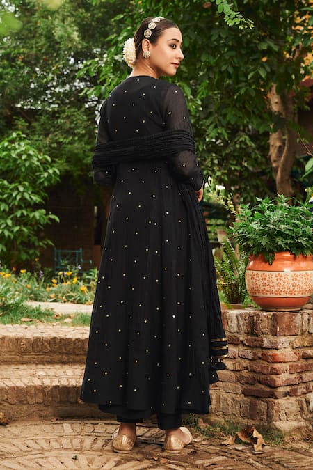 Shop Almaari By Pooja Patel Black Chanderi, Silk Pearls, Tassels, Gota Banful Embroidered Anarkali Set at Aza Fashions Shop_Almaari By Pooja Patel_Black Chanderi, Silk Pearls, Tassels, Gota Banful Embroidered Anarkali Set _at_Aza_Fashions