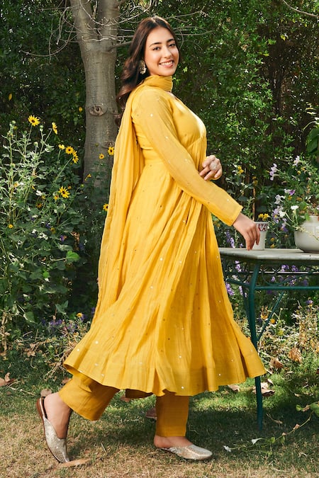 Almaari By Pooja Patel_Yellow Chanderi, Chiffon, Silk Mirrors, Basanti Embroidered Anarkali Set _Online_at_Aza_Fashions