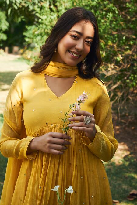 Buy_Almaari By Pooja Patel_Yellow Chanderi, Chiffon, Silk Mirrors, Basanti Embroidered Anarkali Set _Online_at_Aza_Fashions