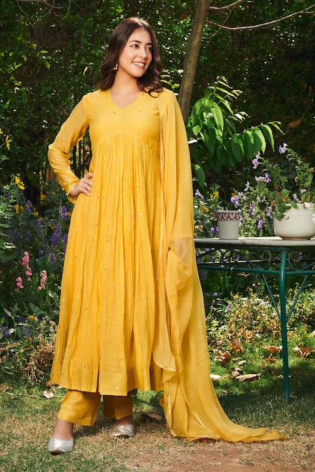 Almaari by Pooja Patel Yellow Anarkali Soft Chanderi Embroidered Mirror V Neck Basanti Set 