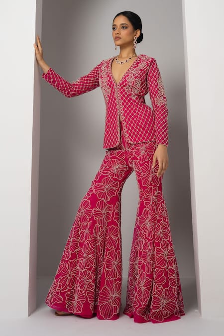 Charu And Vasundhara_Pink Net Embroidery, Beads Vahin Trellis Blazer With Sharara _Online_at_Aza_Fashions