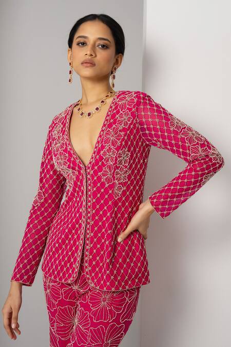 Buy_Charu And Vasundhara_Pink Net Embroidery, Beads Vahin Trellis Blazer With Sharara _Online_at_Aza_Fashions