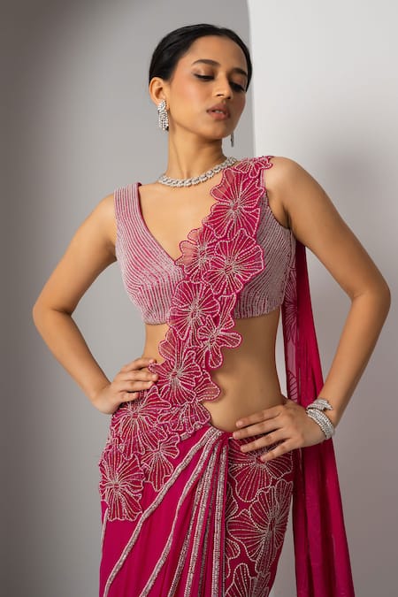 Charu And Vasundhara_Pink Silk Beads, Embroidery V-neck Valena Pre-draped Floral Saree With Blouse _Online_at_Aza_Fashions