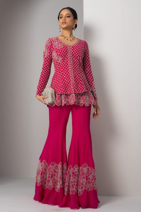 Charu and Vasundhara Valma Layered Trellis Work Jacket With Sharara 