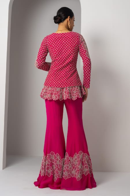Charu And Vasundhara Valma Layered Trellis Work Jacket With Sharara 