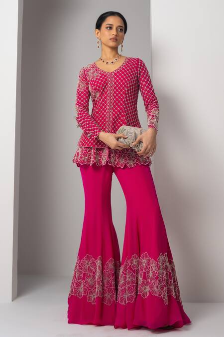 Charu And Vasundhara_Pink Net, Organza Beads, Valma Layered Trellis Work Jacket With Sharara _Online_at_Aza_Fashions