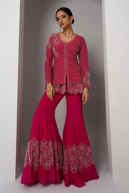 Buy_Charu And Vasundhara_Pink Net, Organza Beads, Valma Layered Trellis Work Jacket With Sharara _Online_at_Aza_Fashions