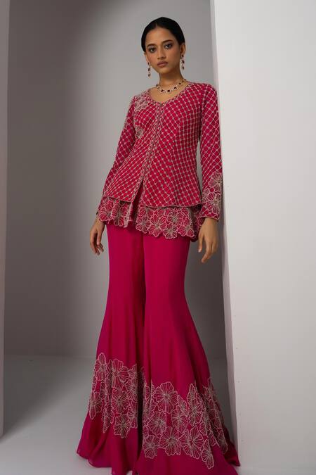 Shop_Charu And Vasundhara_Pink Net, Organza Beads, Valma Layered Trellis Work Jacket With Sharara _Online_at_Aza_Fashions
