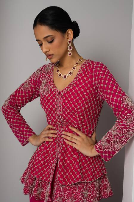 Charu And Vasundhara_Pink Net, Organza Beads, Valma Layered Trellis Work Jacket With Sharara _at_Aza_Fashions