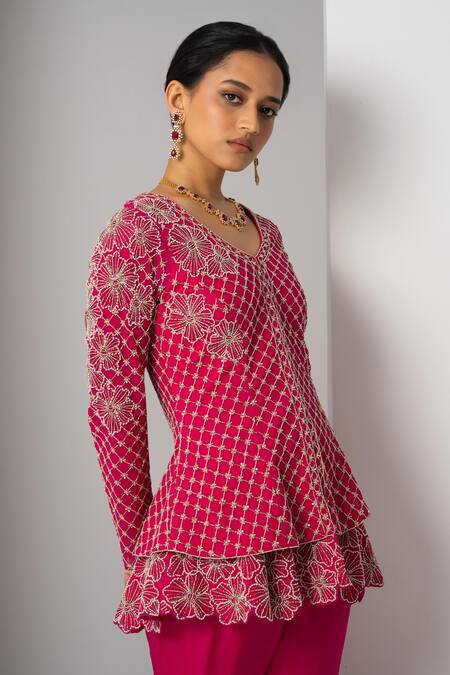 Buy_Charu And Vasundhara_Pink Net, Organza Beads, Valma Layered Trellis Work Jacket With Sharara 