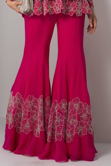 Shop_Charu And Vasundhara_Pink Net, Organza Beads, Valma Layered Trellis Work Jacket With Sharara 