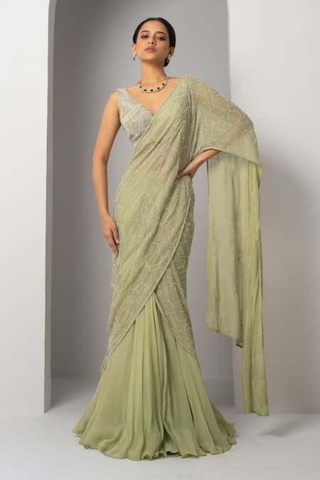 Charu and Vasundhara Vanny Floral Embroidered Pre-Draped Saree With Blouse 