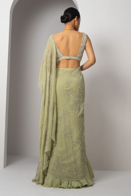 Shop Charu And Vasundhara Green Silk, Organza Beads, Vanny Floral Embroidered Pre-draped Saree With Blouse at Aza Fashions Shop_Charu And Vasundhara_Green Silk, Organza Beads, Vanny Floral Embroidered Pre-draped Saree With Blouse _at_Aza_Fashions