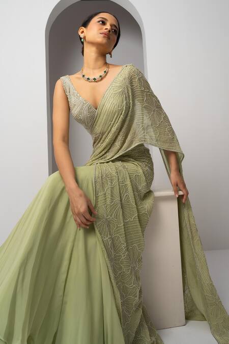 Charu And Vasundhara Green Silk, Organza Beads, Vanny Floral Embroidered Pre-draped Saree With Blouse Online at Aza Fashions Charu And Vasundhara_Green Silk, Organza Beads, Vanny Floral Embroidered Pre-draped Saree With Blouse _Online_at_Aza_Fashions