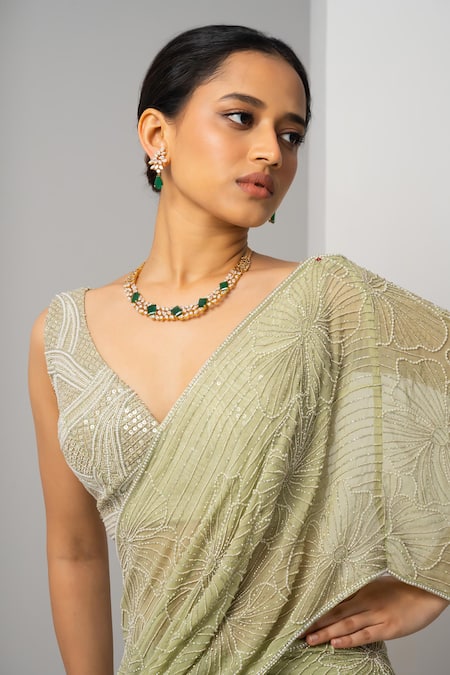Buy Charu And Vasundhara Green Silk, Organza Beads, Vanny Floral Embroidered Pre-draped Saree With Blouse Online at Aza Fashions Buy_Charu And Vasundhara_Green Silk, Organza Beads, Vanny Floral Embroidered Pre-draped Saree With Blouse _Online_at_Aza_Fashions