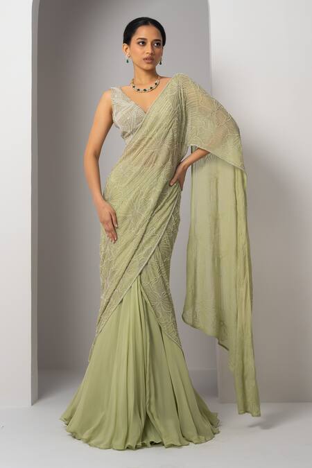 Shop Charu And Vasundhara Green Silk, Organza Beads, Vanny Floral Embroidered Pre-draped Saree With Blouse Online at Aza Fashions Shop_Charu And Vasundhara_Green Silk, Organza Beads, Vanny Floral Embroidered Pre-draped Saree With Blouse _Online_at_Aza_Fashions