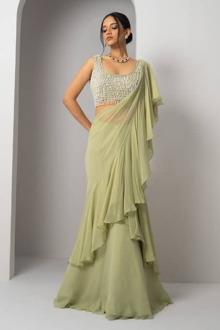 Charu and Vasundhara Green Silk Blouse Hand Embroidery Pearl Tassels Verica Pre-draped Saree With 