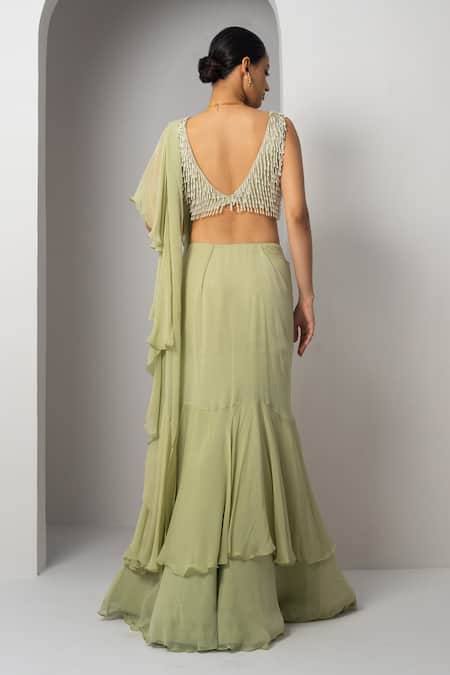 Charu And Vasundhara Verica Pre-Draped Saree With Pearl Tassel Blouse 
