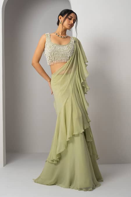 Charu And Vasundhara_Green Chiffon, Silk, Organza Pearls Verica Pre-draped Saree With Tassel Blouse _Online_at_Aza_Fashions