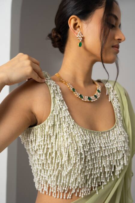 Buy_Charu And Vasundhara_Green Chiffon, Silk, Organza Pearls Verica Pre-draped Saree With Tassel Blouse _Online_at_Aza_Fashions