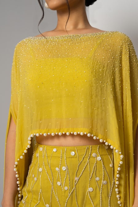Charu And Vasundhara_Yellow Silk, Organza Beads, Pearls, Cut Vivi Hand Embroidered Poncho Pant Set _Online_at_Aza_Fashions