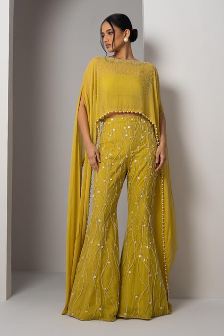 Buy_Charu And Vasundhara_Yellow Silk, Organza Beads, Pearls, Cut Vivi Hand Embroidered Poncho Pant Set _Online_at_Aza_Fashions