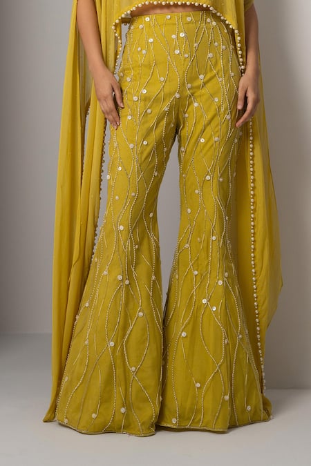 Shop_Charu And Vasundhara_Yellow Silk, Organza Beads, Pearls, Cut Vivi Hand Embroidered Poncho Pant Set _Online_at_Aza_Fashions