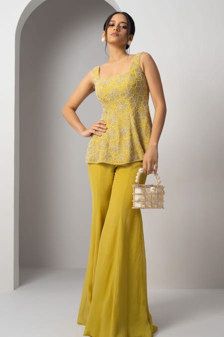 Charu And Vasundhara_Yellow Organza Sequins, Beads, Embroidery Square Vizna Floral Kurta With Pant _Online_at_Aza_Fashions