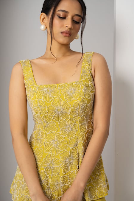 Buy_Charu And Vasundhara_Yellow Organza Sequins, Beads, Embroidery Square Vizna Floral Kurta With Pant _Online_at_Aza_Fashions