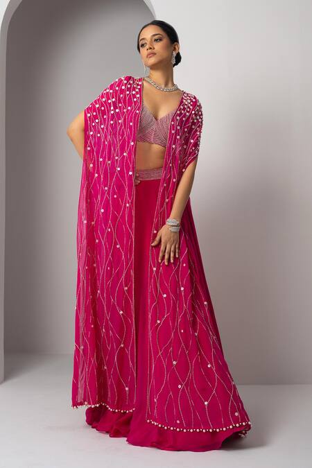 Charu And Vasundhara Pink Silk, Organza Sequins, Beads Round Volga Hand Embroidered Cape Skirt Set Online at Aza Fashions Charu And Vasundhara_Pink Silk, Organza Sequins, Beads Round Volga Hand Embroidered Cape Skirt Set _Online_at_Aza_Fashions