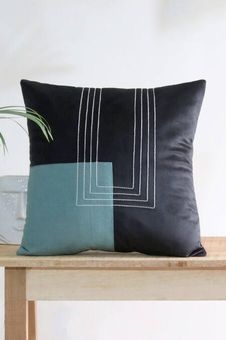 Mid July Home_Black Velvet Patchwork Abstract Embroidered Set Of 2 Cushion Covers_Online_at_Aza_Fashions