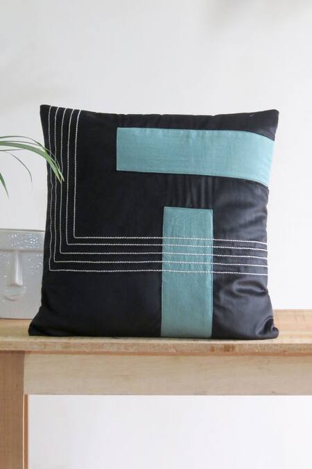 Buy_Mid July Home_Black Velvet Patchwork Abstract Embroidered Set Of 2 Cushion Covers_Online_at_Aza_Fashions