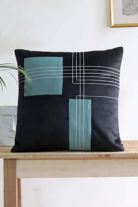 Mid July Home_Black Velvet Patchwork Two Tone Work Set Of 2 Cushion Covers_Online_at_Aza_Fashions
