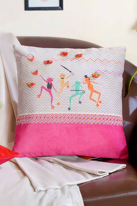 Mid July Home_Multi Color Velvet Print, Embroidery Dancing Frogs Set Of 2 Cushion Covers_Online_at_Aza_Fashions