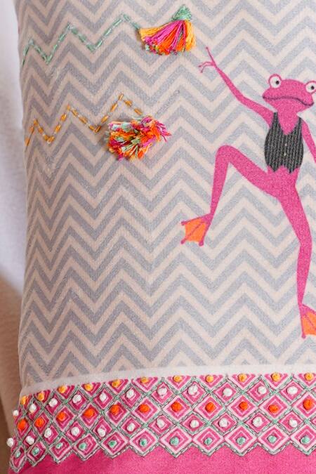 Buy_Mid July Home_Multi Color Velvet Print, Embroidery Dancing Frogs Set Of 2 Cushion Covers_Online_at_Aza_Fashions