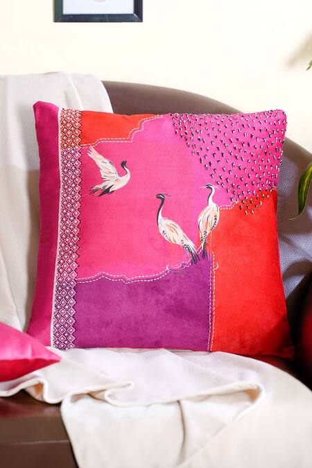 Shop Mid July Home Pink Velvet Print, Embroidery Flying Birds Set Of 2 Cushion Covers at Aza Fashions Shop_Mid July Home_Pink Velvet Print, Embroidery Flying Birds Set Of 2 Cushion Covers_at_Aza_Fashions
