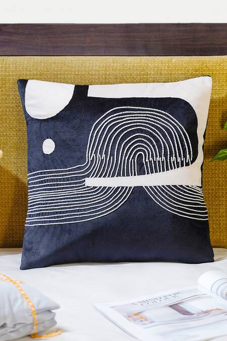 Mid July Home_Black Velvet Embroidery Mesmerizing Mystery Abstract Set Of 2 Cushion Covers_Online_at_Aza_Fashions