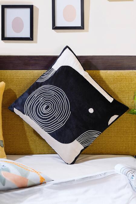 Mid July Home_Black Velvet Embroidery Abstract Hand Set Of 2 Cushion Covers_at_Aza_Fashions