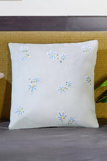 Mid July Home_Off White Velvet Embroidery Whispers Spring Set 2 Cushion Covers_Online_at_Aza_Fashions
