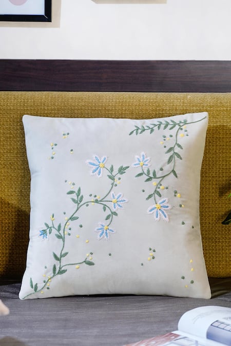 Mid July Home_Off White Velvet Embroidery Floral Whispers Spring Set 2 Cushion Covers_Online_at_Aza_Fashions