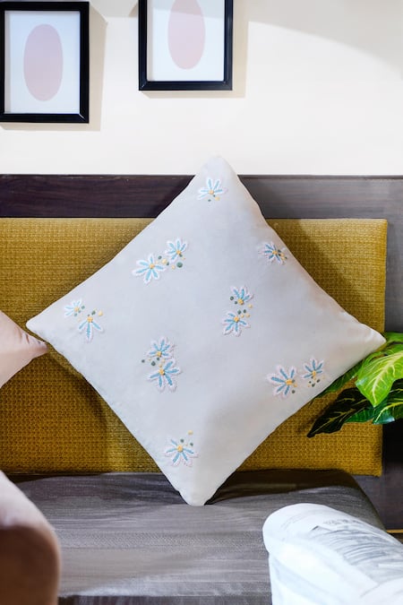 Mid July Home_Off White Velvet Embroidery Hand Whispers Spring Set 2 Cushion Covers_Online_at_Aza_Fashions