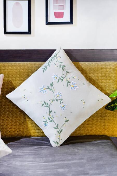 Buy_Mid July Home_Off White Velvet Embroidery Hand Whispers Spring Set 2 Cushion Covers_Online_at_Aza_Fashions