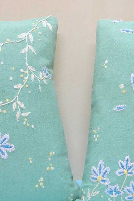 Shop Mid July Home Green Cotton Embroidery Blossom Set Of 2 Cushion Covers at Aza Fashions Shop_Mid July Home_Green Cotton Embroidery Blossom Set Of 2 Cushion Covers_at_Aza_Fashions