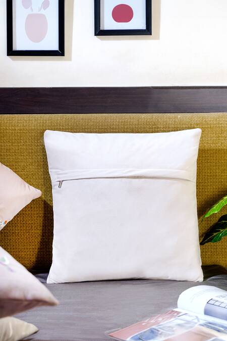 Shop Mid July Home Off White Velvet Embroidery Foliage Set 2 Cushion Covers at Aza Fashions Shop_Mid July Home_Off White Velvet Embroidery Foliage Set 2 Cushion Covers_at_Aza_Fashions