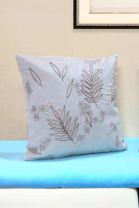 Buy Mid July Home Off White Velvet Embroidery Foliage Set 2 Cushion Covers Online at Aza Fashions Buy_Mid July Home_Off White Velvet Embroidery Foliage Set 2 Cushion Covers_Online_at_Aza_Fashions